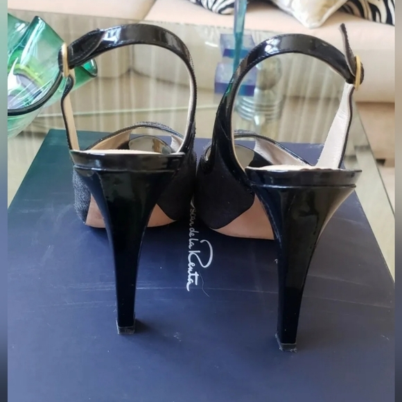 $695 OSCAR DE LA RENTA GRAY FELT BLACK PATENT PLATFORM PUMPS SHOES OPEN TOE 9 - Picture 5 of 8